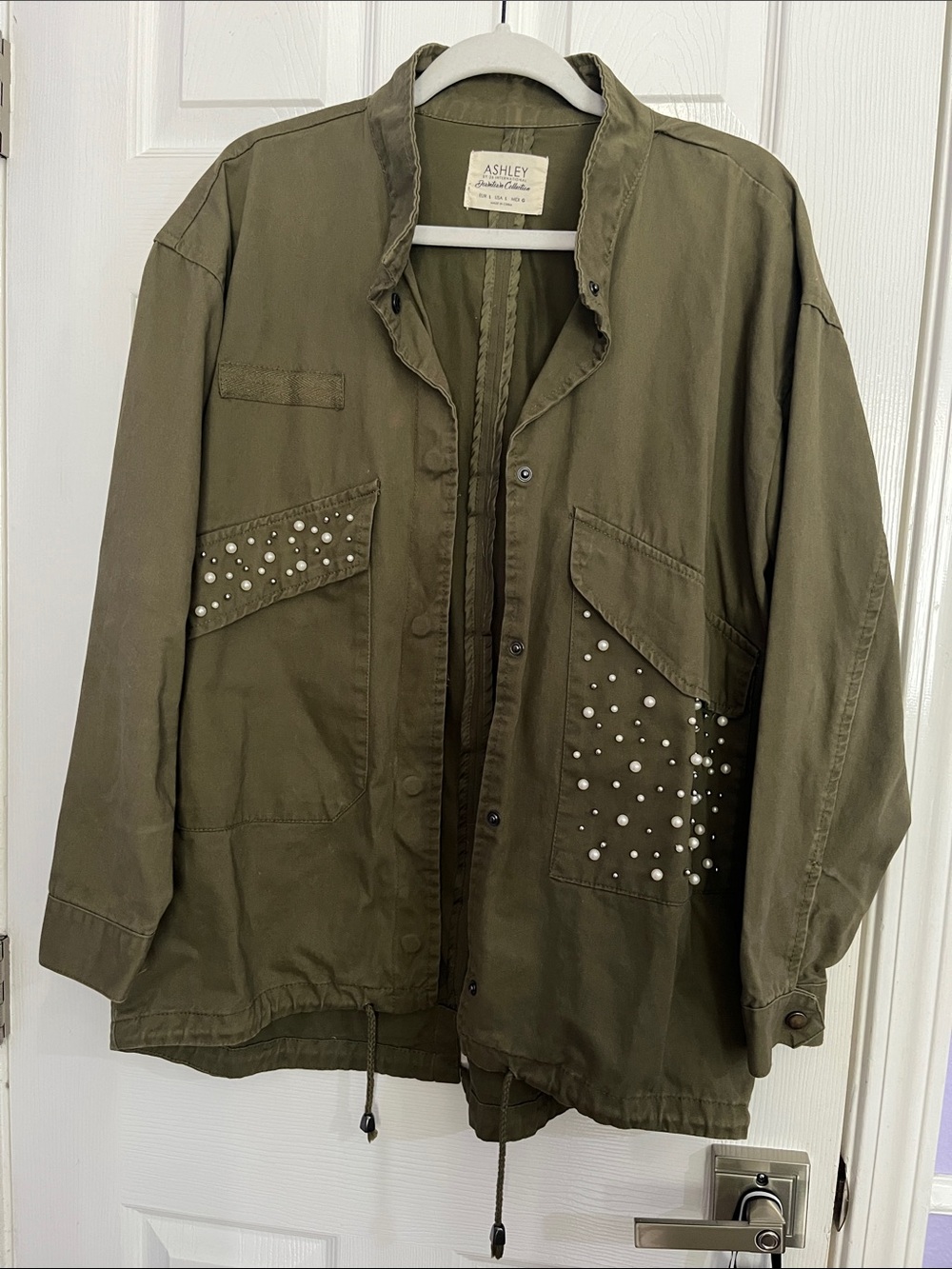 Ashley Olive Green Utility Jacket with Pearl Stud Detail